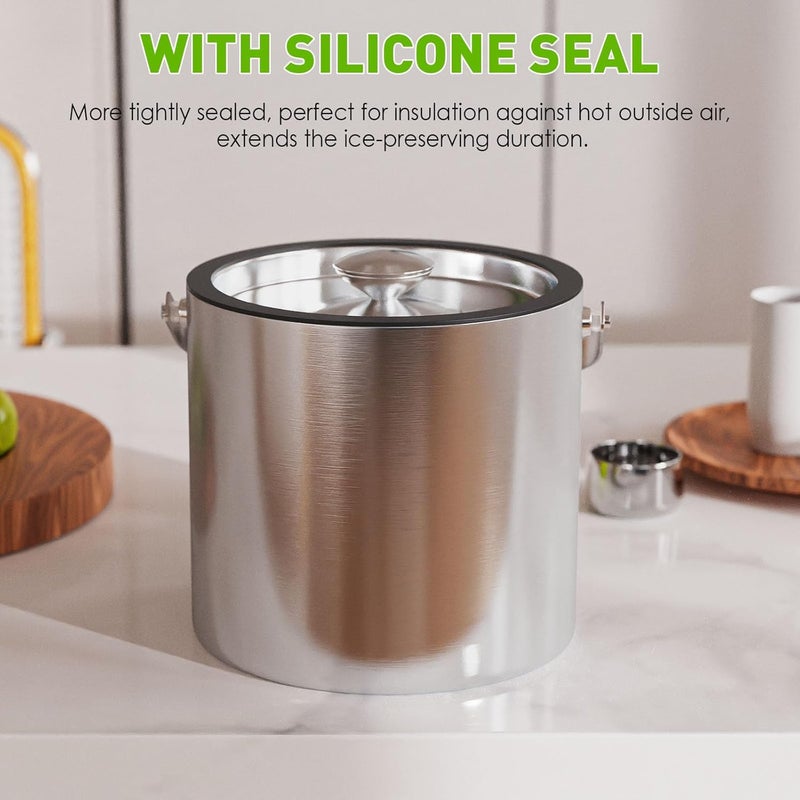 iHoo 3.2L/3.4QT Insulated Ice Bucket with Silicone Lid, Tongs & Strainer, Double Wall Stainless Steel Ice Bucket for Parties and Cocktail Bar, Upgraded Silicone Cover Keep Ice Frozen Longer - Image 5